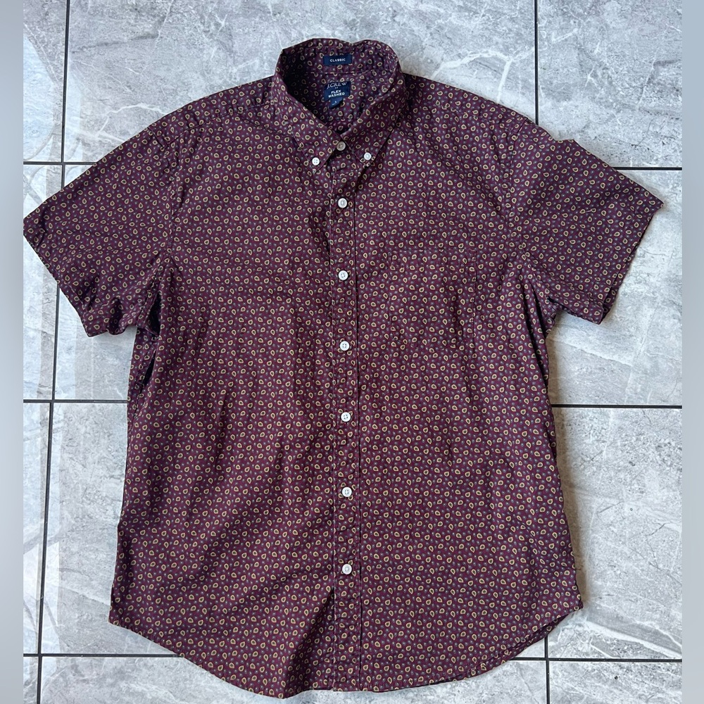J.CREW Flex Wash Men's Maroon 98%Cotton Classic Short Sleeve Geometric Shirt L
